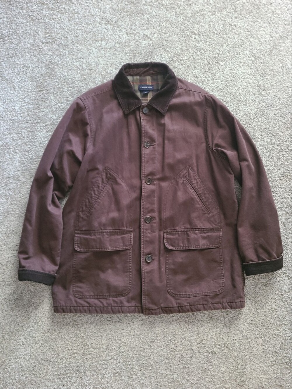 Land's End Dark Brown 100% Cotton Flannel Lined Chore Coat Size L
